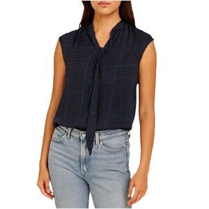 Vince Sleeveless Black Blue Silk Top blouse Tie Neck- Size M - retail $295